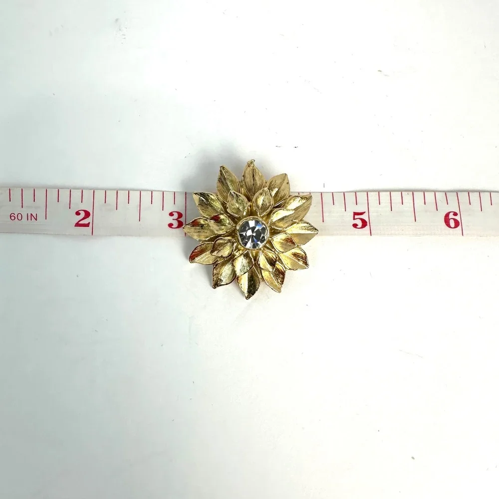 Vintage Gold Tone Layered Flower Brooch with Clear Rhinestone Center 1.75 Inch
